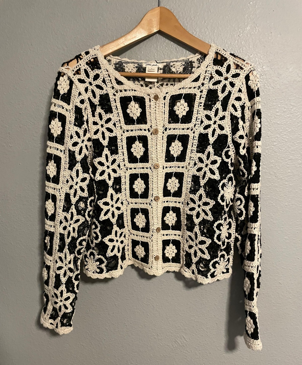 Ultra Pink Womens Cardigan Small Black Crochet Floral Granny Square Hippie Boho